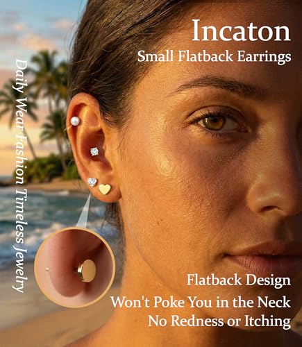 Incaton Hypoallergenic Flat Back Earrings for Women Silver 14K Gold Plated Surgical Stainless Steel Stud Earrings Cubic Zirconia Cartilage Studs Earrings For Multiple Piercing Sensitive Ears - color: 5-GOLD