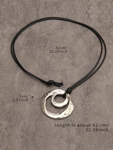 GelConnie Leather Necklace for Women Round Wooden Pendant Long Leather Choker Vintage Sweater Necklace Gold Chunky Boho Necklaces for Women - style: 2 Circles Silver Necklace