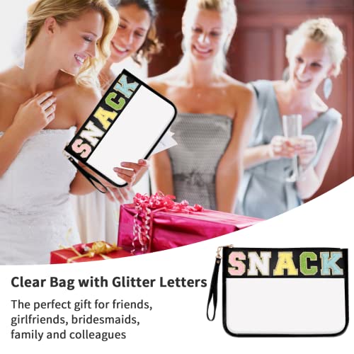 Iqimott Chenille Letter Clear Bag Snack Pouch, Monogram PVC & PU Makeup Cosmetic Bag Zipper Toiletry Pouch, Waterproof Portable Purse Travel Beach Snack Wristlet Bags for Women Girls(Snack, Black) - color: Snack-Black