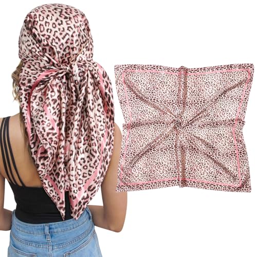 AWAYTR Satin Silk Scarf - Large Hair Bandana, Sleeping Wrap for Women - color: Leopard Print (Pink)