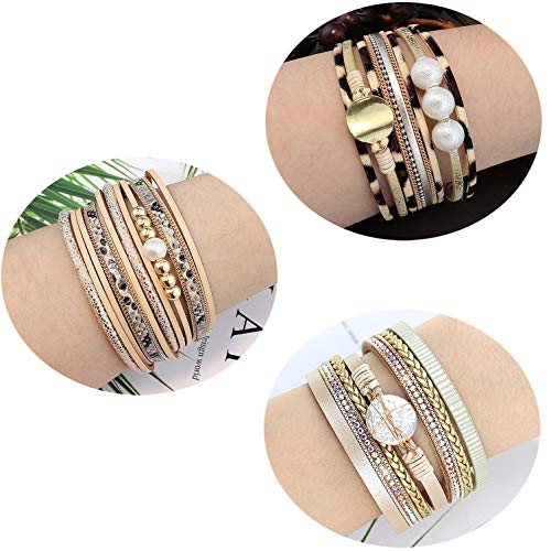 Wowanoo 3Pack Leather Cuff Bracelet Set Multilayer Wrap Bracelet Crystal Feather Tree Bracelet Magnetic Clasp Bracelet for Women - color: Pearl Khaki