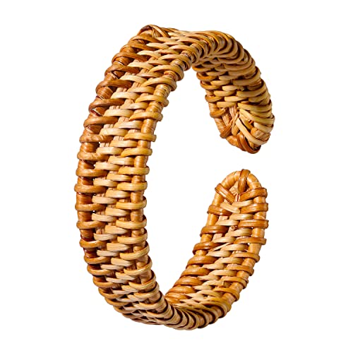 Rattan Bracelet Handmade Lightweight Straw Wicker Braid Cuff Bangle Bracelet Statement Adjustable Bohemian Rattans Woven Chunky Bracelets for Summer Wrist Jewelry - style: F Thin Rattab Cuff Bracelet