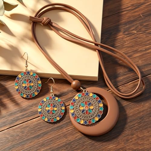 Wooden Leather Necklaces Set Bohemian Wood Stack Discs Long Chain Hemp Rope Bronze Plated Pendant Ethnic Tribal Fall Leaf Earrings Jewelry Statement Necklace - color: R-040