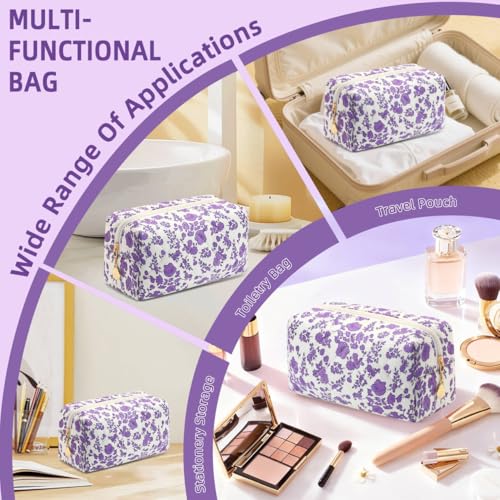Small Makeup Bag Quilted Cosmetic Bag Floral Travel Toiletry Bags for Women Cute Pencil Case Quilted Makeup Pouch Aesthetic Coquette Cosmetic Pouch Cotton Make Up Bags Cute Zipper Pouches Purple - color: Ad-purple floer