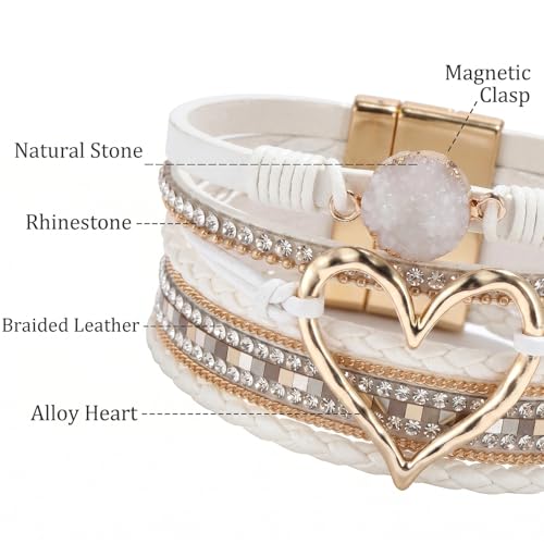 Long tiantian Leather Bracelets for Women Warp Bracelet Stackable Boho Layered Bracelet Chunky Heart Trendy Birthday Gifts for Her - color: A7:Bracelet for Women(White)