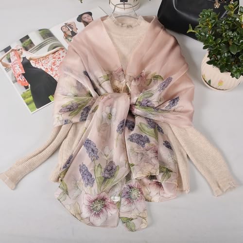 100% Mulberry Silk Women's Neck Silk Scarf-Lightweight Shawl,FLoral Print Beach Silk Wrap-Scarves for Photography - color: Dusty Pink