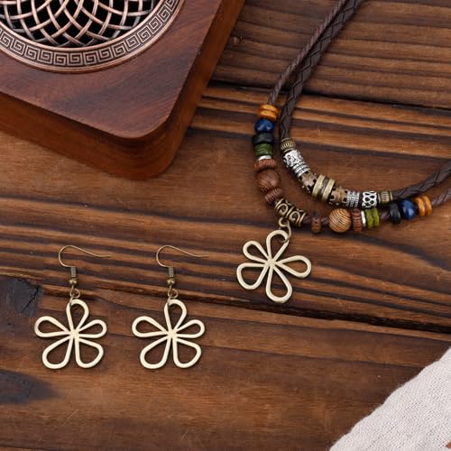 Mikovivi Multi-Layer Wood Bead Necklace with Hollow Flower Earrings, Boho Hippie Necklaces Unisex Bohemian Jewelry for Men Women - style: style 2