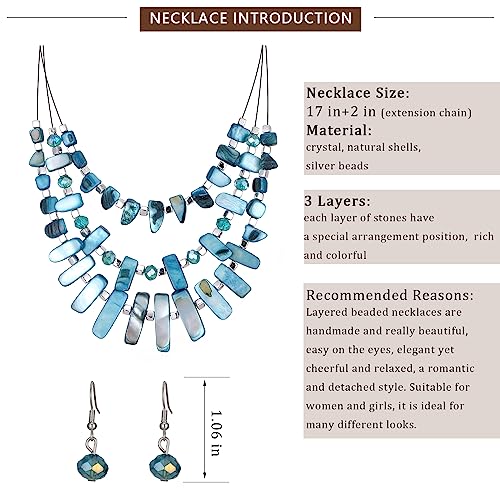 3 Layered Chunky Statement Necklace for Women Beaded Strand Necklaces with Earring Fashion Costumes Collar Necklace Jewelry Sets Gifts for Women - color: 50-Peacock Blue