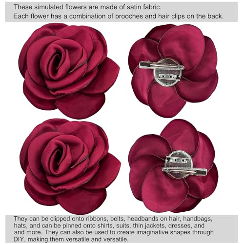 Sanrich Women's Brooches 4pcs Rose Flower Hair Clip Mexican Hair Flowers Clips Hairpin Brooch Tea Party Hats Headpieces (burgundy) - color: burgundy