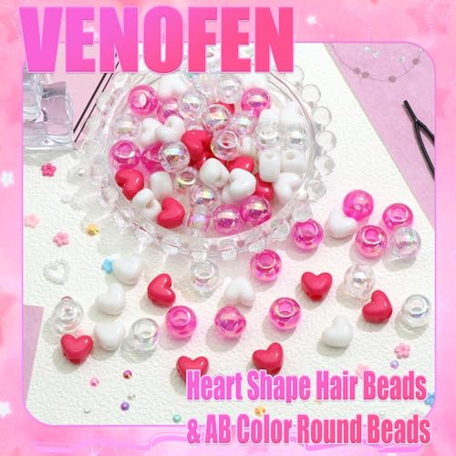 60PCS Heart Hair Beads Hot Pink Loc Bead for Kids Girls Clear White AB Color Round Beads Cute Acrylic Hair Bead Accessories for Valentine's Day - color: Hot Pink&White