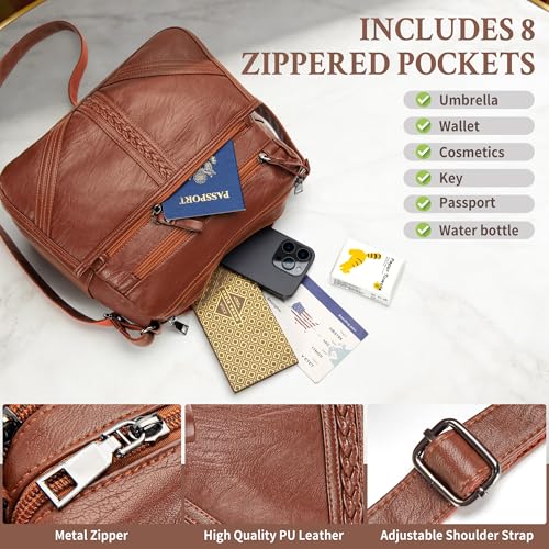 ELDA Crossbody Bags For Women Pocketbooks Soft PU Leather Purses and Handbags Multi Pocket Shoulder Bag - color: Amber Brown