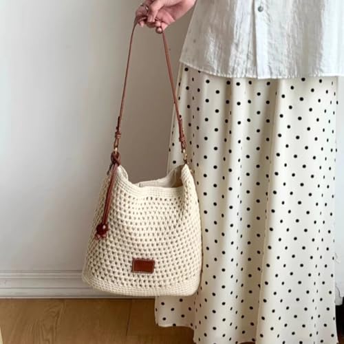 Cotton Fibre Crochet Beach Tote Bag for Vacation,Bohemian Cotton Hobo Shoulder Bag Casual Woven Purse for Women - color: Beige Shoulder Bag