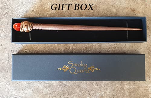 Natural Tumbled Healing Gemstone Crystal Wooden Hair Stick Handmade Gifts Boho Reiki by Smoky Quartz (Carnelian) - color: Carnelian