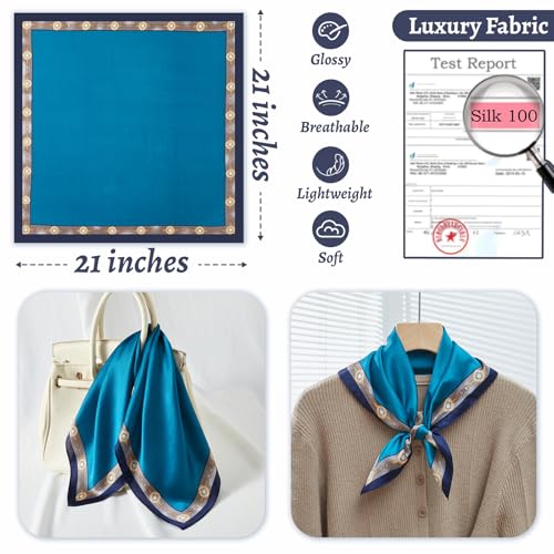 100% Mulberry Silk Neck Scarf 21''x21'' Small Square Hair Scarf for Women Men Lightweight Bandana Envelope Package - color: Glamour- Blue
