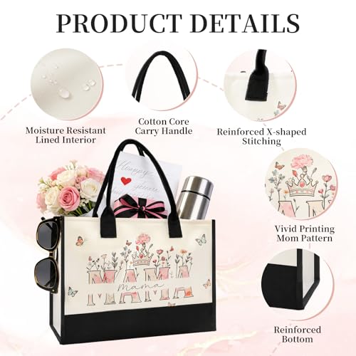 Mom Mama Bag - Large Tote Bag for Women, Beautiful Floral Print Mothers Day Gifts for Mom, New Mom Birthday Gifts, Durable Reusable Grocery Bags for Shopping Beach Travel Work