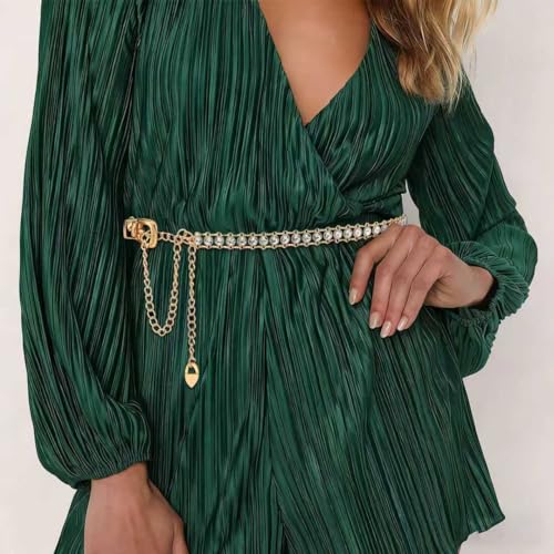 YooAi Chain Belts Leather Waist Belt for Women Layered Metal Chain Belt - size: XL/2XL: fits waist from 41"-46", style: Gold Rhinestsone