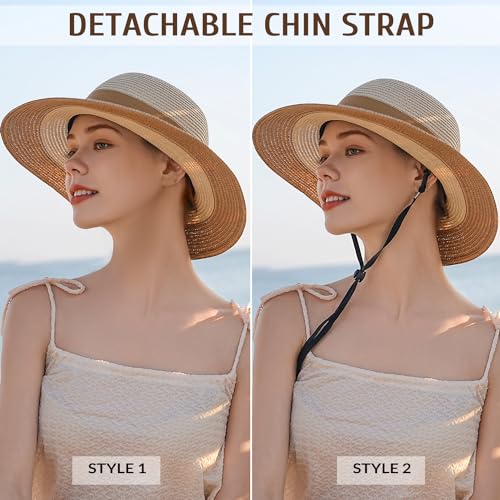 Beach Hats for Women, Sun Straw Hat for Women, UPF 50+ UV Sun Protection Sun Hat Womens, Foldable Floppy Sun Hat - color: D-khaki & Beige