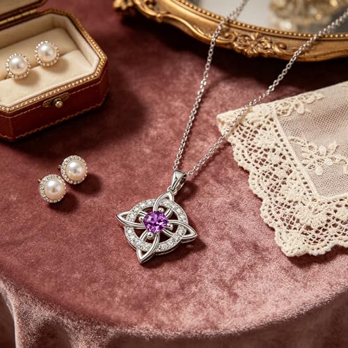 Mystical Birthstone Witches Knot Necklace – Natural Crystal Celtic Pendant, Wiccan Pagan Jewelry Gift for Women - color: February