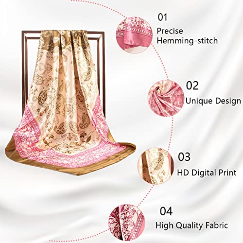 4Pcs Silk Head Scarves for Women Satin Hair Scarf 35”Large Square Bandana Silk Like Neck Scarf Shawl - color: Navy/Red/Coffee/Purple