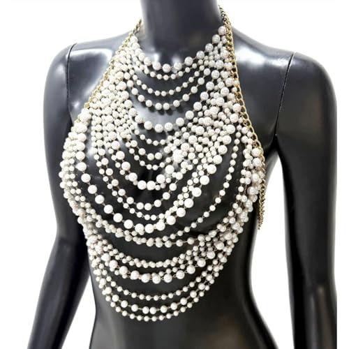 Sexy Pearl Top Backless Vest,Multi-Layered Summer Beach Beaded Harness Bra Chain Festival Rave Pearl Tassel Bralette Body Jewelry for Women