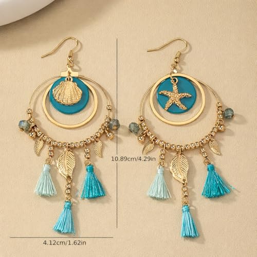 Ocean Starfish Shell Tassel Dangle Earrings for Women, Bohemian Blue Green Beach Sea Inspired Statement Dangle Boho Tropical Summer Vacation Jewelry Gift