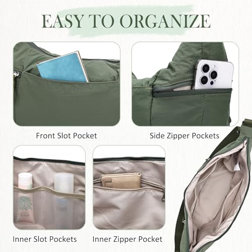 VASCHY Crossbody Crescent Bag for Women, Casual Lightweight Nylon Large Slouchy Hobo Bags Purses for Travel/Gym/Work/College - color: Deep Green