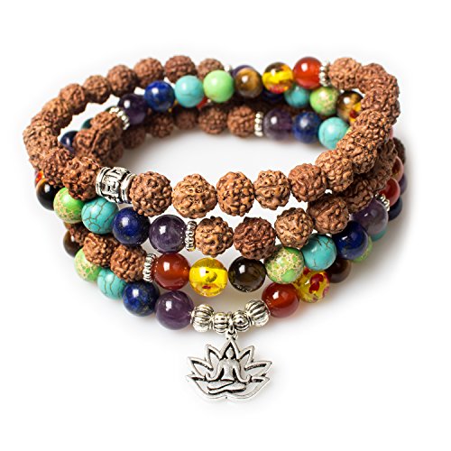 108 Mala Beads Necklace 7 Chakra Buddhist Prayer Beaded Bracelet Tree of Life Pendant Stone Yoga Necklace - color: Rudraksha-Buddha-Lotus-1