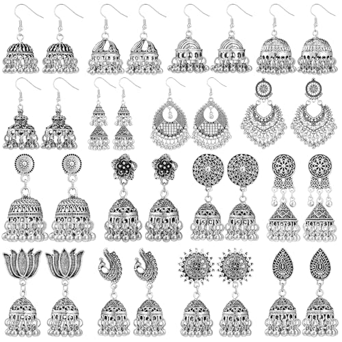 Nosiny 16 Pairs Jhumkas Indian Earrings for Women Vintage Jhumka Bell Hoop Dangle Earrings Set Ethnic Bohemian Indian Jewelry - color: Silver-black