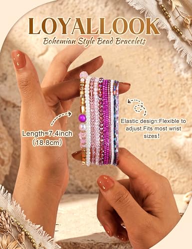 LOYALLOOK 6 Sets Bohemian Stackable Bead Bracelets for Women Stretch Bohemian Style Stretch Multilayered Boho Bracelet Set