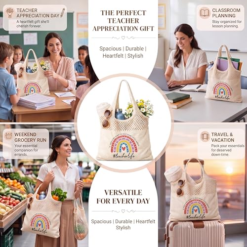 Shinylin Personalized Crochet Tote Bag for Beach Women Beige Mesh Knit Shoulder Bag Boho Aesthetic Tote for Women - style: Teacher Rainbow