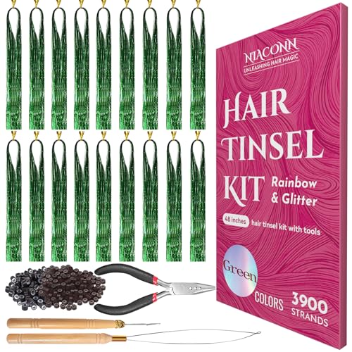 NIACONN Glitter Hair Tinsel Extensions Kit Green with Tools and Beads, 48 Inch Sparkly Fairy Colorful Tensile Strands Shiny Hair Accessories for Women Girls Kids - color: Green