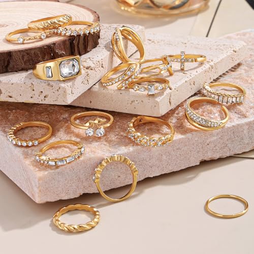 17IF 18 PCS Dainty 14K Gold Ring Set for Women Sparkle Chunky Quartet Diamoned Clean Aesthetic Cross Snake Cherry Classy Designs Plus Size for Stacking on Thumb Knuckle