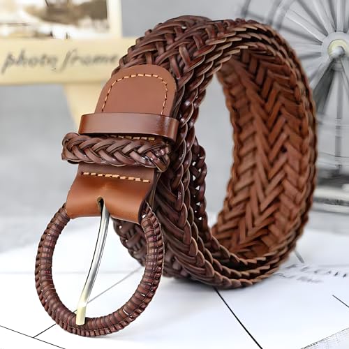 Women Wide Braided Leather Belt 1.6 inch Ladies Soft Woven Waistband with Buckle - color: Brown