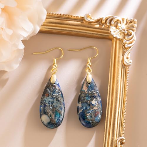 Stone Drop Earrings for Women Earrings Teardrop Jasper Stone Dangle Earrings - color: Brown&Blue-Golden Hook