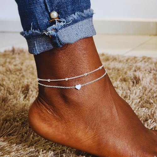 Ritach Ankle Bracelets for Women - Silver/Gold Plated Stainless Steel Anklets for Women Waterproof Layered Cuban Link Figaro Chain Heart Anklets Set Summer Beach Jewelry Gifts - color: Silver-Layered Heart Anklet
