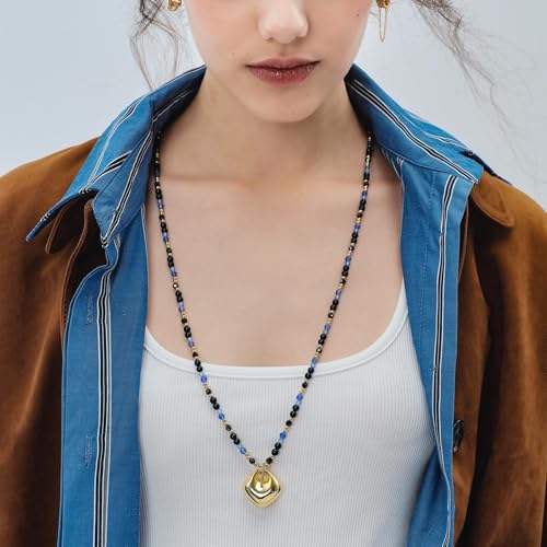 KissYan Long Necklaces for Women, 14K Gold Plated Beaded Gemstone Turquoise Boho Layered Choker, Natural Stone Handmade Sweater Fashion Jewelry Gifts - style: Blue