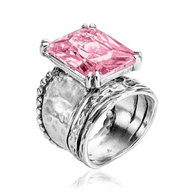 JEAN RACHEL JEWELRY 925 Sterling Silver Ring - Hammered Vintage Design with Octagon Shaped Cubic Zirconia - Hypoallergenic, Lead & Nickel Free - Artisan Handcrafted Statement Rings for Women - color: Pink CZ