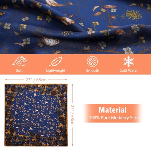 Stlvoll 100% Silk Head Scarf for Women - 27" Hair Scarves Satin Bandanas Square for Night Sleeping with Gift Packed - color: Navy Blue/Red/Bird