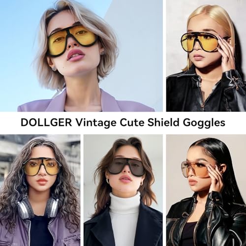 Dollger Oversized One Piece Sunglasses For Women Fashion Men Wrap Around UV400 Shield Goggles - color: Black Frame Yellow Lenses