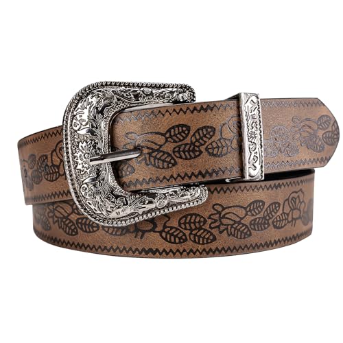 Dubulle Womens Belt Chain Leather Belts Vintage Western Adjustable Elastic Double Buckle for Cowboy Pant Dress - color: Brown Silver