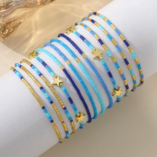 Dainty Gold Beaded Star Bracelets Stack for Women,Handmade Boho Colorful Beads Bracelet Fashion Prom Holiday Jewelry Gift Friendship Family - color: Blue
