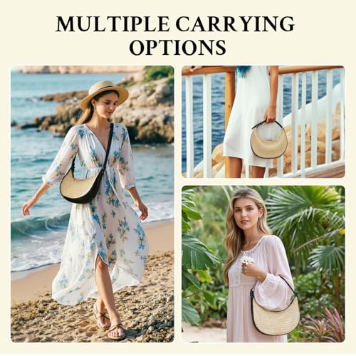 Herald Straw Crossbody Bag for Women Beach Woven Hobo Handbag Summer Chic Crescent Shoulder Purses with Adjustable Strap - color: Black