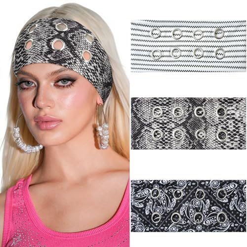 AWAYTR Women Hollow Out Eyelet Elastic Headband Y2K Wide Grommet Hairband Punk Grunge Wide Band for Girls (Snakeskin pattern/White Wave/Cashew Black, One size) - color: Snakeskin pattern/White Wave/Cashew Black