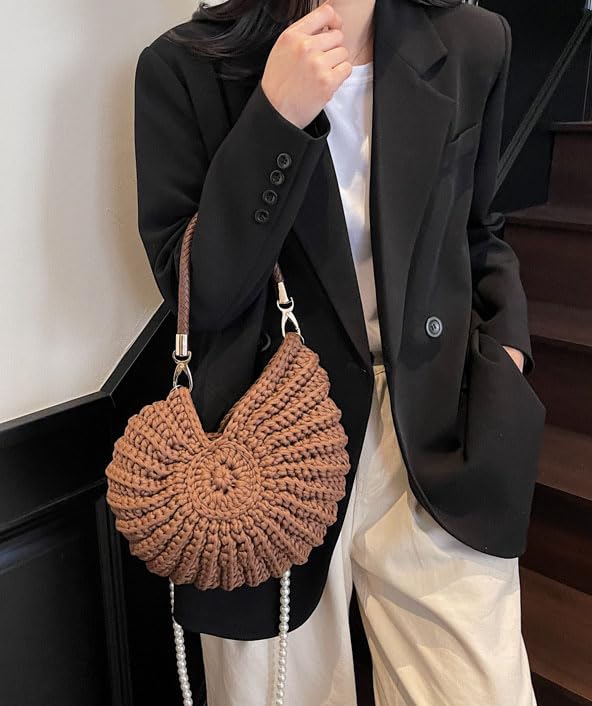 Handmade Crochet Tote Bag Seashell Purse for Women Boho Shell Handbag Crossbody Shoulder Bag Summer Beach Clutch Hobo Handbag - color: Coffee