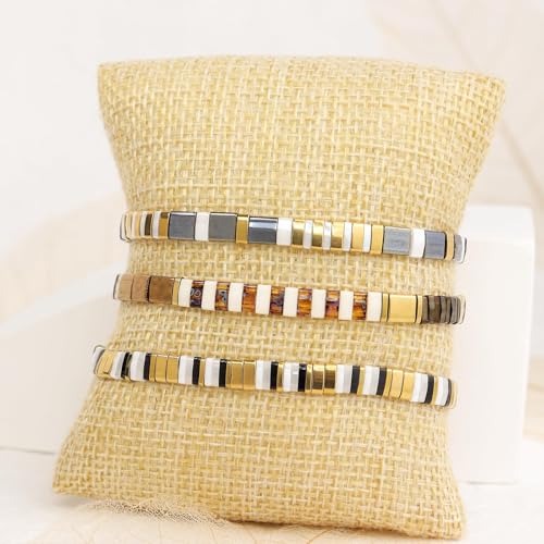 Sonateomber Tila Flat Beaded Stretch Bracelets for Women, Trendy Unique Colorful Square Beads Handmade Stack Bracelet Friendship Accessories Fashion Jewelry Gift - color: Brown Yellow