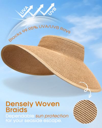 Womens Sun Visor Hats Wide Brim Straw Beach Hat UV Protection Ponytail Packable Beach Vacation Essentials - color: Khaki