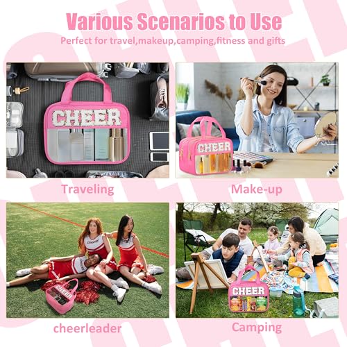 BuyCard Cheer Chenille Letter Bags Clear Makeup Bag for Travel, Cheerleader Gifts Cosmetic Bag with Handles and Zipper, Nylon & PVC Waterproof Large Cheer Accessories Toiletry Bag for Women - color: Rose Red-Cheer
