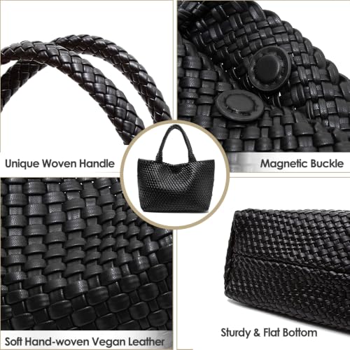 Handmade Woven Tote Bag for Women, Soft Vegan Leather Shoulder Bag with Purse, Large Travel Handbag - color: Black