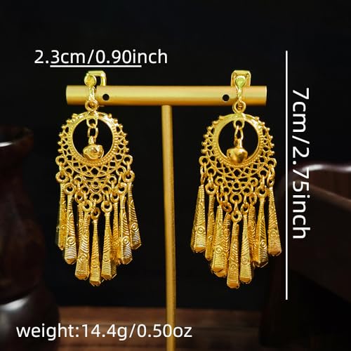 Indian Jingle Bell Dangling Chandelier Clip on Earring Boho Ethnic for Women Bollywood Traditional Gypsy Bohemian Gold Plated Long Tassel Dangle Drop Festival Holiday Party Non Pierced Ears Jewelry