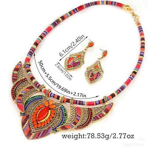 African Tribal Jewelry Set for Women - 2pcs Chunky Colorful Boho Vintage Statement Necklace Earrings Bib Choker Festival Costume Ethnic Accessories - style: Red Style